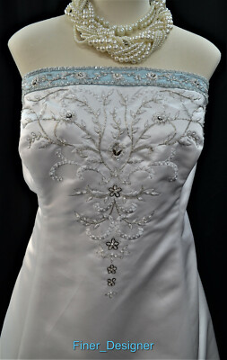 Alfred Angelo White Robin Egg Blue Satin bead 865209 Wedding gown