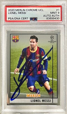 2020 Topps Merlin Chrome UCL Signed Lionel Messi FC #1 PSA MINT 9