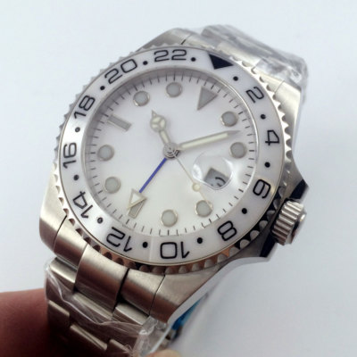 40mm GMT Saphirglas Automatikwerk Herrenuhr steril weißes Ziffernblatt Datum