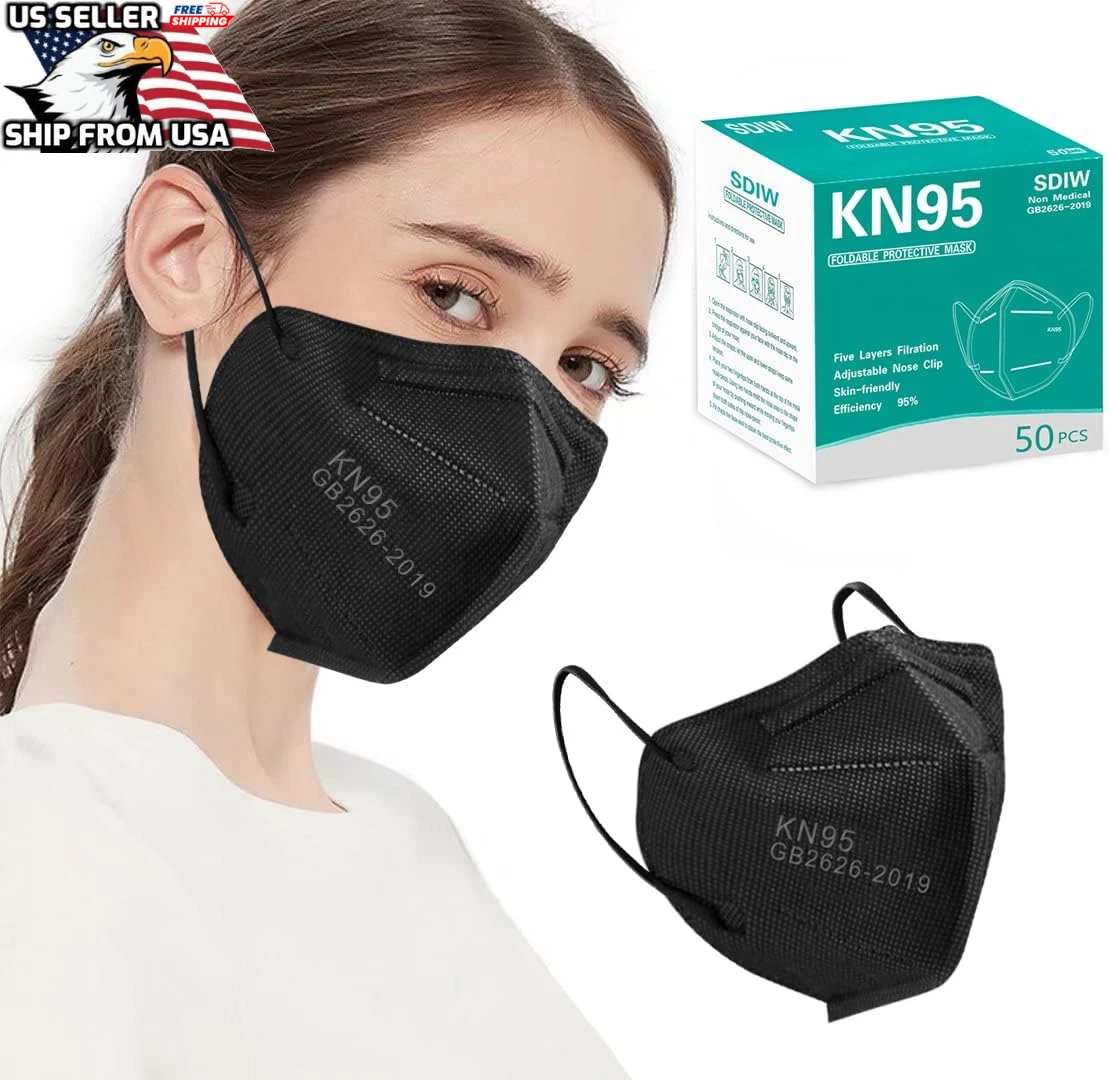 50 PCS Black Color 5-Layers Disposable Face Mask Mouth & Nose Respirator KN95