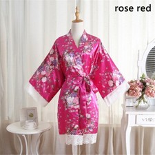 Damen Japanische Kimono Kurz Bademantel Nacht Robe Pyjamas Kunstseide Spitze