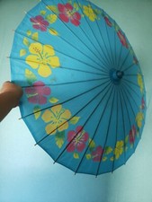 32" Paper Parasol Sky Blue Hibiscus flower Japanese Style Umbrella Wood Handle