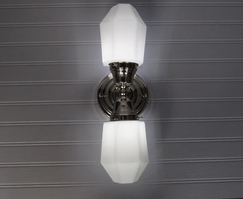 Vintage Art Deco Vertical Wall Sconce Vanity Light 16" Tall Milk Glass Shade Geo