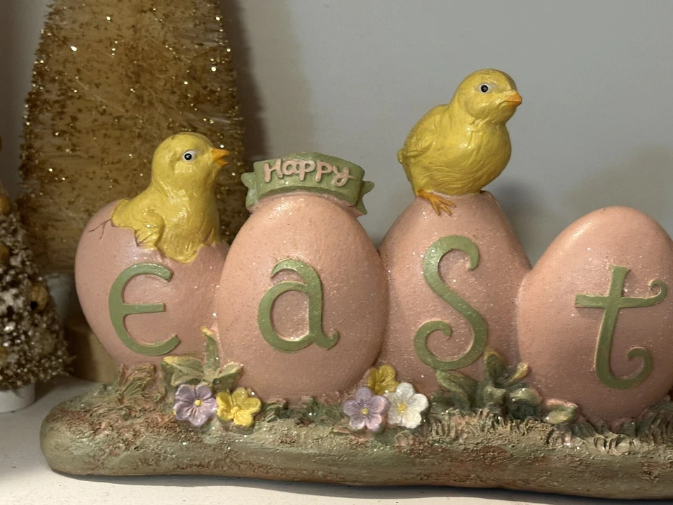 Feliz Pascua Imitación Papel Maché Estilo Resina Pollitos Exhibición Letrero Primavera Decoración 12" L Foto 2 de 4