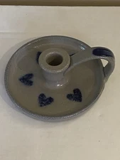 VTG 1995 ROWE POTTERY WORKS HANDMADE SALT GLAZED CANDLESTICK HOLDER BLUE HEART