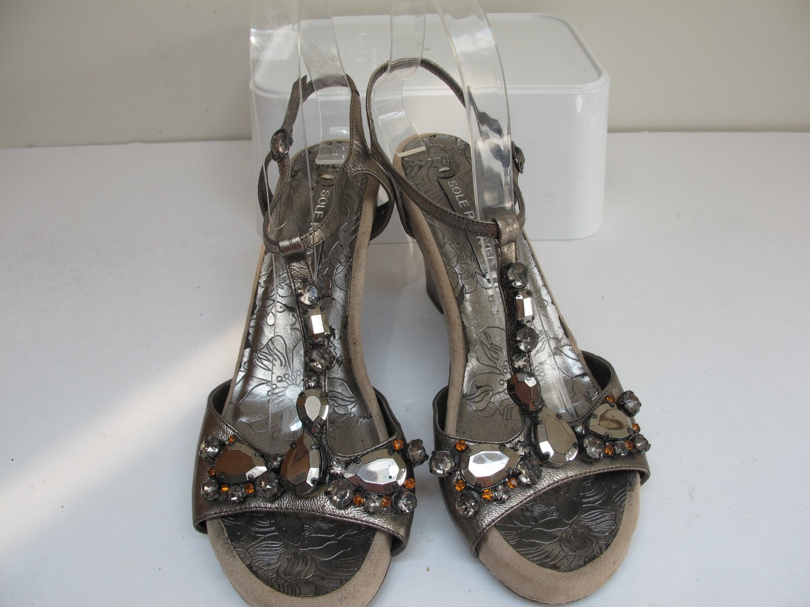 Size 5 NEXT Sole Reviver Pewter Wedge Heels T Bar Sling Backs VGC eBay