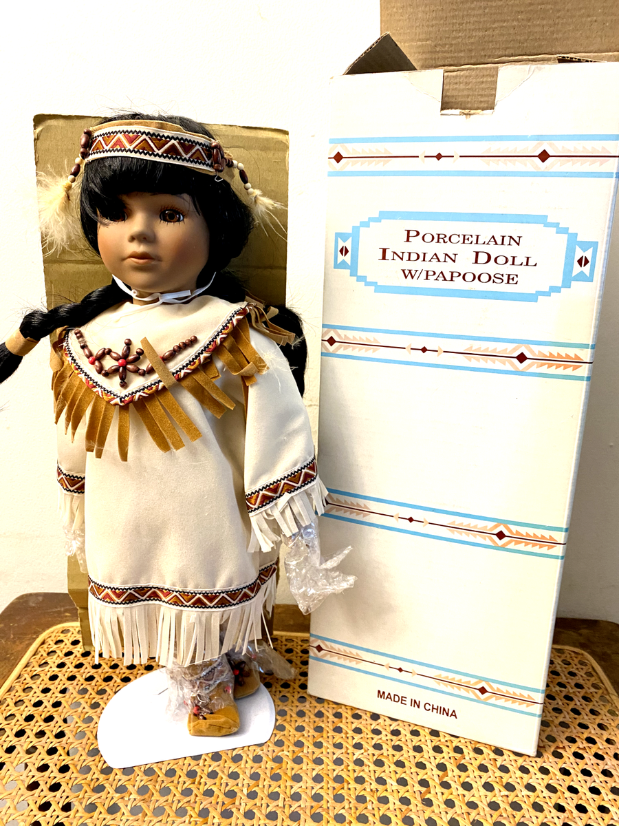 Porcelain Native American Indian Girl Woman Doll with Papoose 14.5