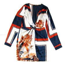 Fashion Nova Orange Blue Ivory Floral V-Neck Long Sleeve Dress Women Large