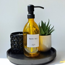 Yellow glass soap dispenser bottle w/black pump &  sticker label