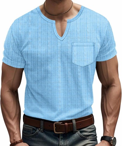 Men's Linen Henley Shirts Casual V Neck Blouses Tops Beach Hippie Shirts - Picture 7 of 60