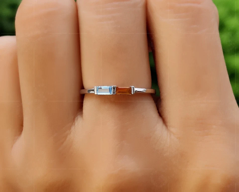 Anillo Baguette Citrino Y Aguamarina Plata Esterlina 925 Piedra Natal Fabricación Astro Foto 3 de 4