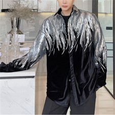 Men Sparkle Velvet Shirt Shiny Sequin Wing Soft Loose Stage Costume Party