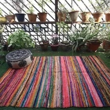 Indian Handmade Cotton Multi Area Rug Rag Dari Yoga Mat Decorative Chindi Dari