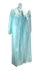 Barbizon Two Piece Nightgown and Robe Set Women's Small Blue Satin Embroidered