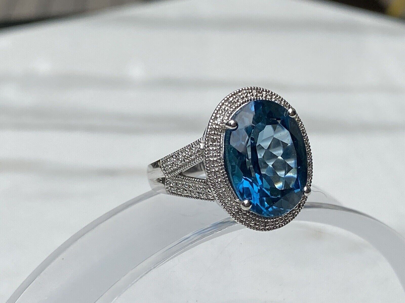 2CT Sterling Silver Oval London Blue Topaz White Diamond Halo Simulated Ring