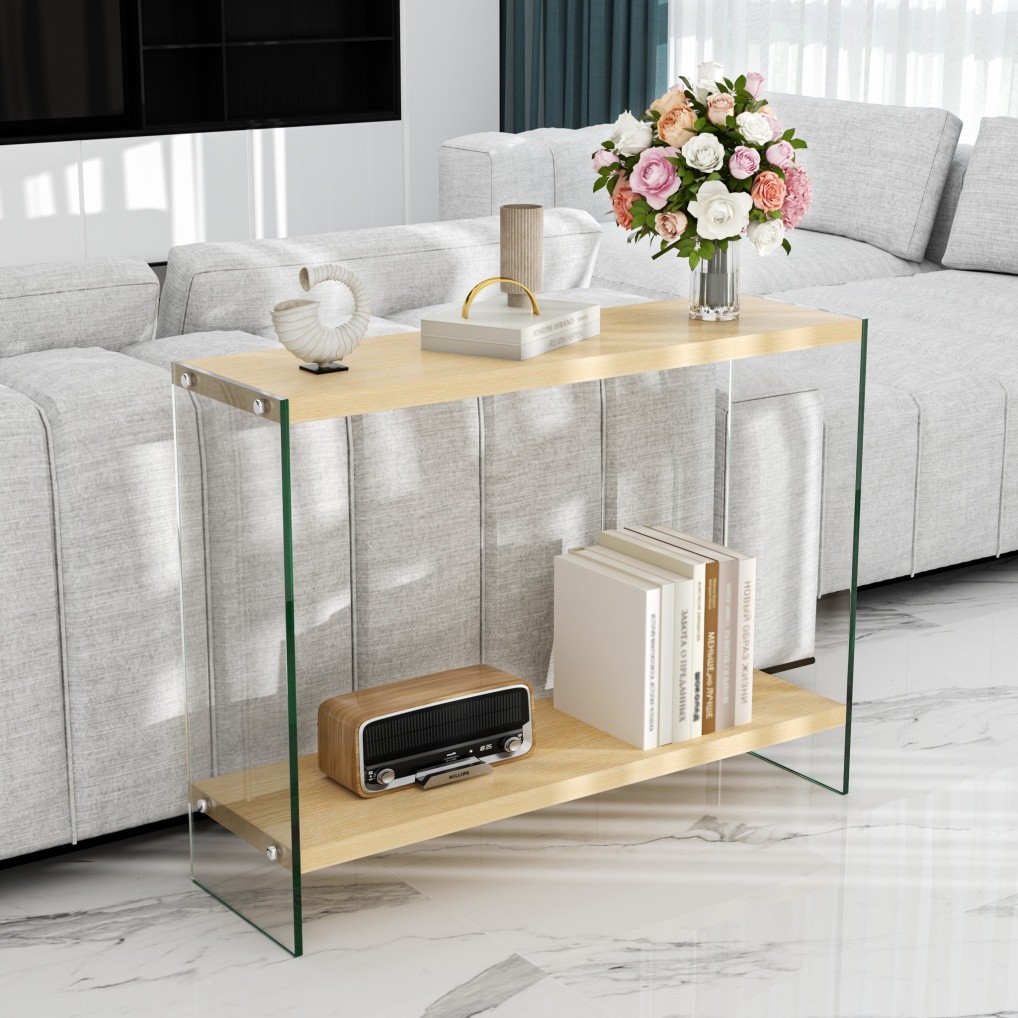 Wood and Glass Console Table Modern Living Table with Storage Shelf Contemporary