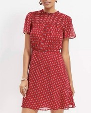 LOFT Paisley Clip Dot Smocked Yoke Flare Dress Size 6 Red Short Sleeve