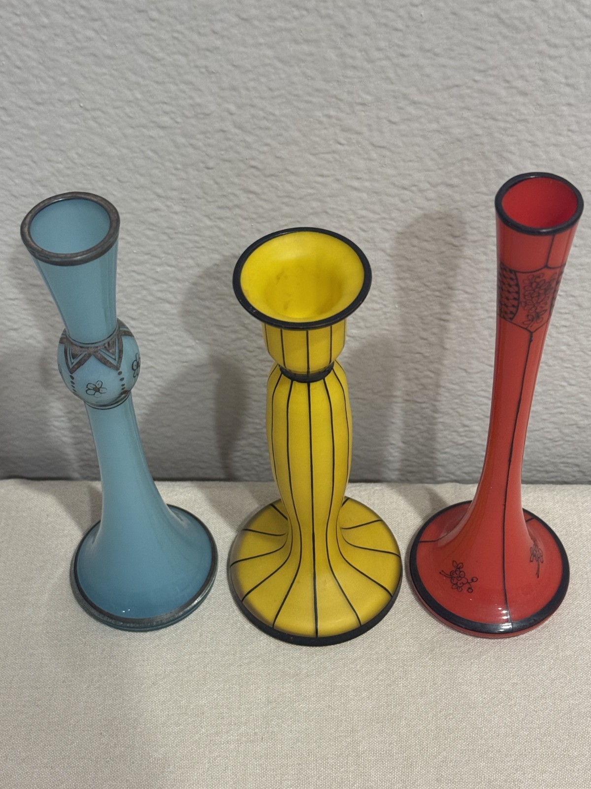 3 Vintage Czech Cased Glass Bud Vases Lovely!