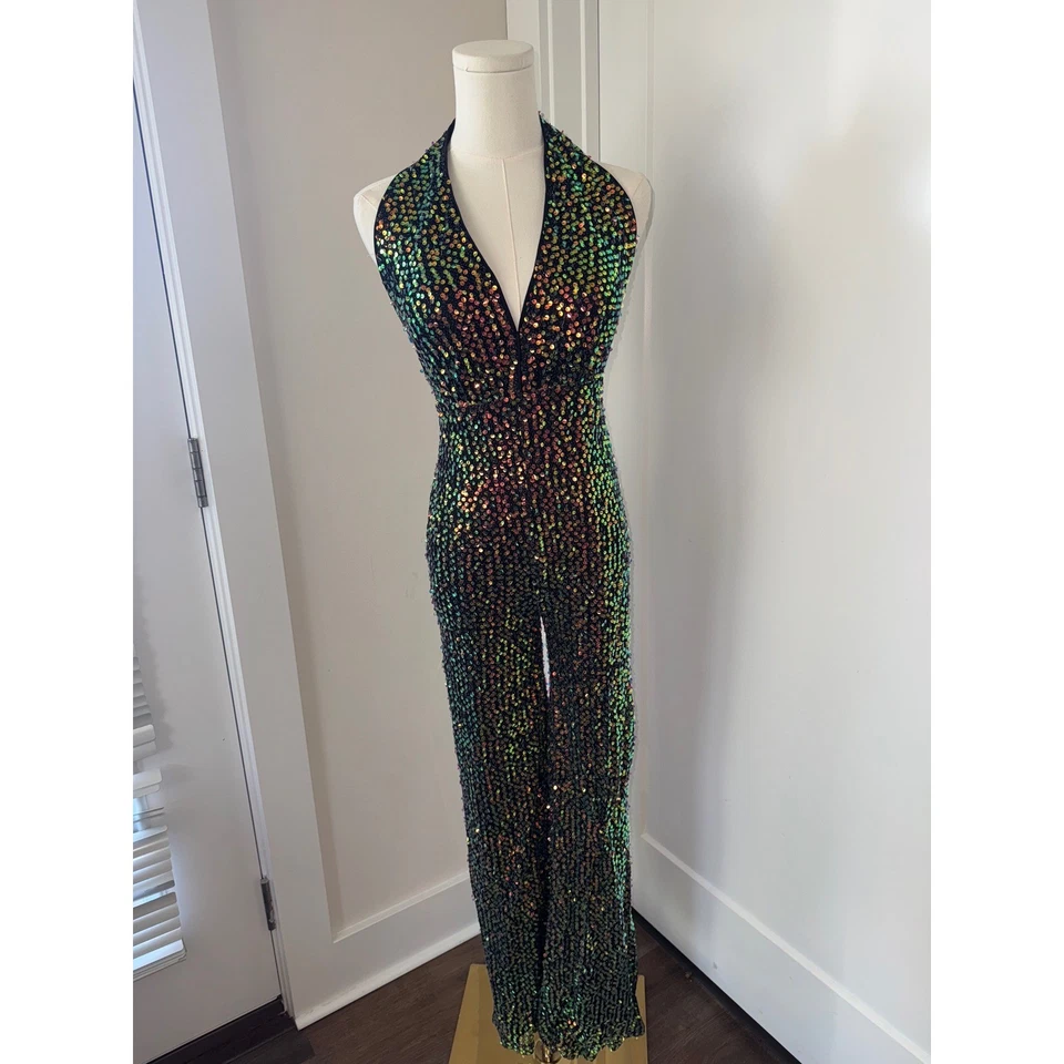 Mono para mujer con cuello halter de lentejuelas brillantes negro iridiscente noche formal Foto 3 de 4