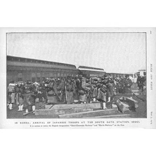 RUSSO-JAPANESE WAR Japanese Soldiers at Seoul Railway Station Antique Print 1904
