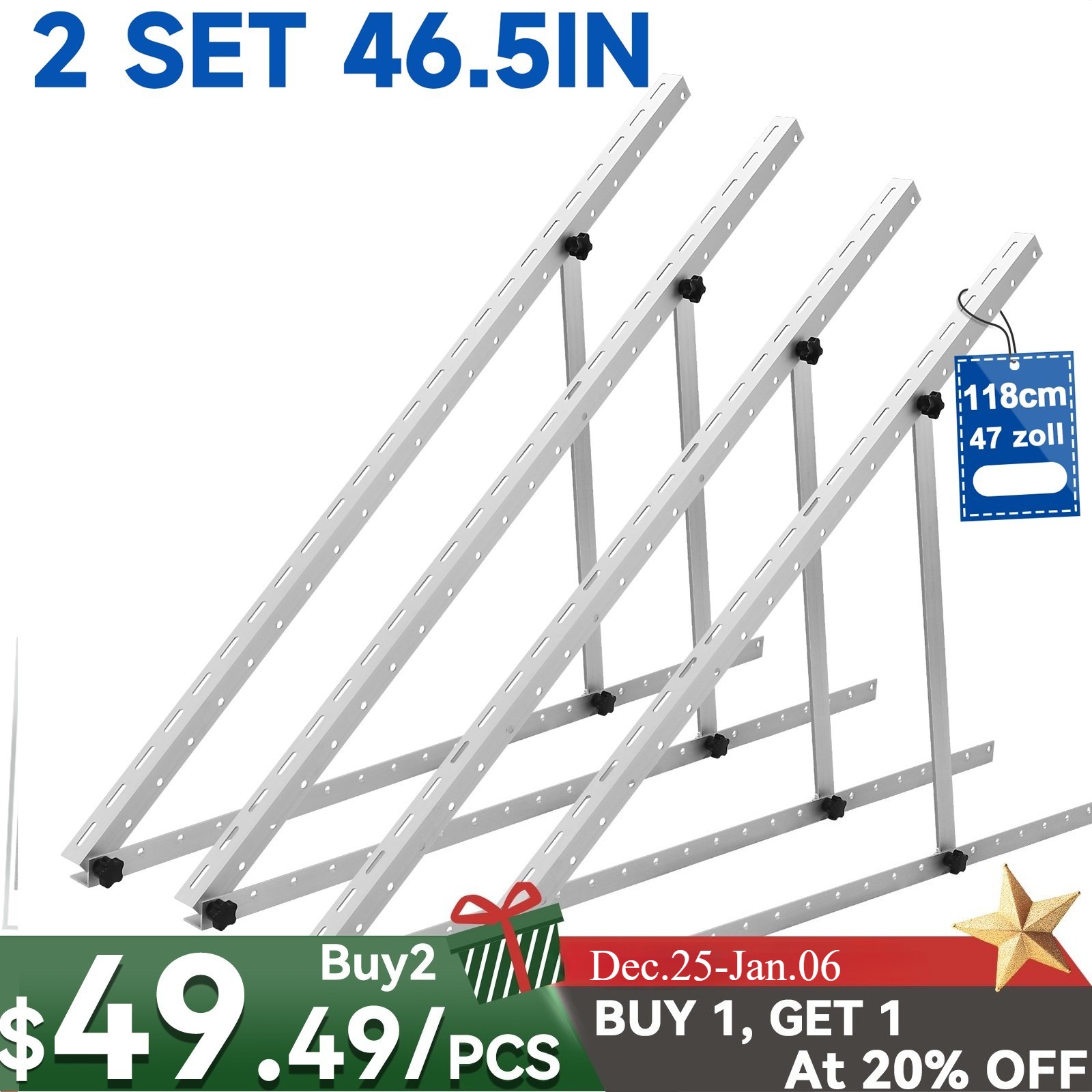 2 Set Solar Panel RV Tilt Mount（45in）Brackets Roof Flat Surface Adjustable Frame