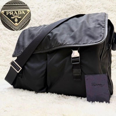 Prada Triangle Logo Saffiano Messenger Bag Black Large Capacity Leather
