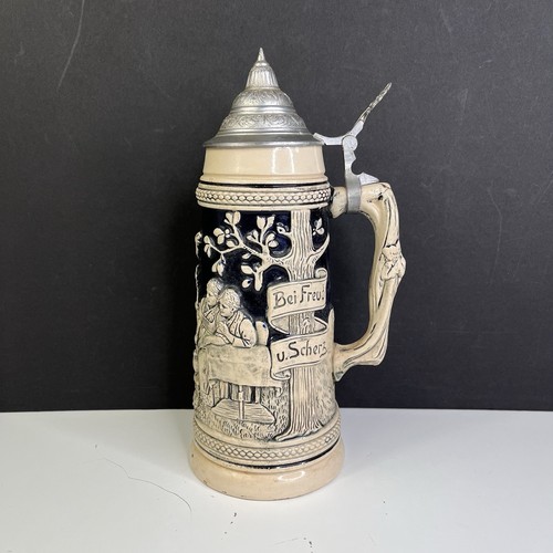Antique Jacob Thewalt German Stoneware 11.5” Pitcher Beer Stein Tavern Scene