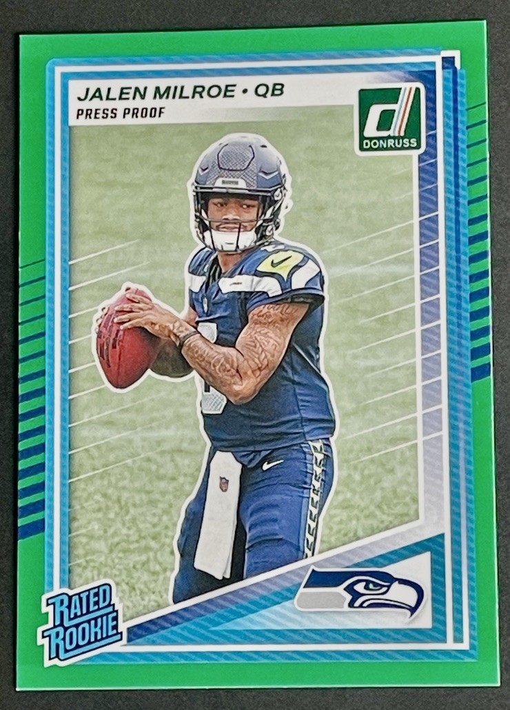 2025 Panini Donruss Jalen Milroe Rated Rookie Green Press Proof RC #307 Seahawks