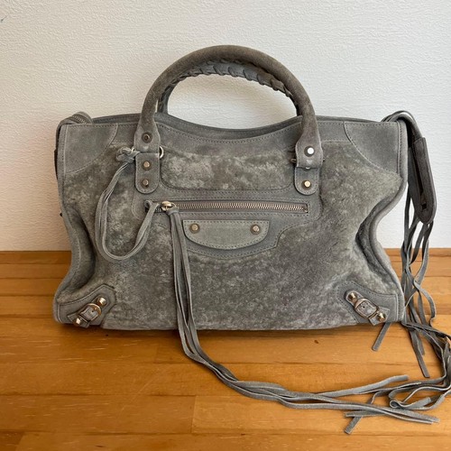 BALENCIAGA Shearling Leather Handbag Beige The City 2Way Shoulder Bag Women