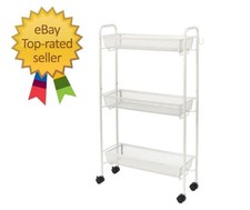 Slim 3-Tier Rolling Bathroom Storage Cart with Hooks, White Finish