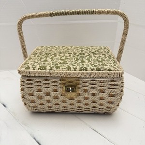Vintage Sewing Needlecase Trinket Basket Wicker Box w Red Fabric Lining & Handle