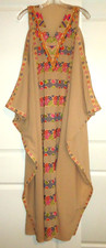 Vintage 1980s Handmade Beige Embroidery Beads Cotton Kaftan O/S