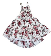 White Floral Sundress SzL,red/brown Flowers Ruffle A Line Straps,open Back Mini