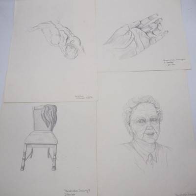 Set of 4 Pencil Drawing Graphite Studies on Paper