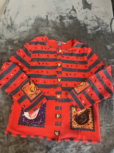 Elle Sport Women's Cardigan Rooster Themed Red Sport Elle Designer Size L