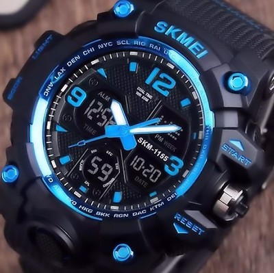 SKM Analog Digital Herren Armband Uhr Blau Schwarz Chronograph Grünes Licht 2