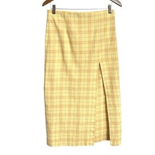 Zara Plaid Midi Pencil Skirt Womens M NWT Yellow Textured Casual Deep Front Slit