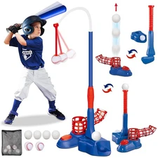 4-in-1 Kids Baseball & Golf Set, T ball, Pitching Machine, Bat, Clubs, Balls
