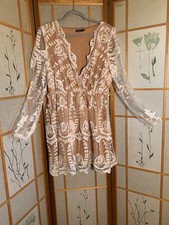 Boohoo Plus Size 22 Dress - White Lace, Nude Lining Long Sleeve V-Neck - Wow!