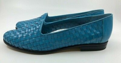 Trotters Sz 5.5M Turquoise Blue Woven Leather Strip Flat Slip On Loafers Shoes