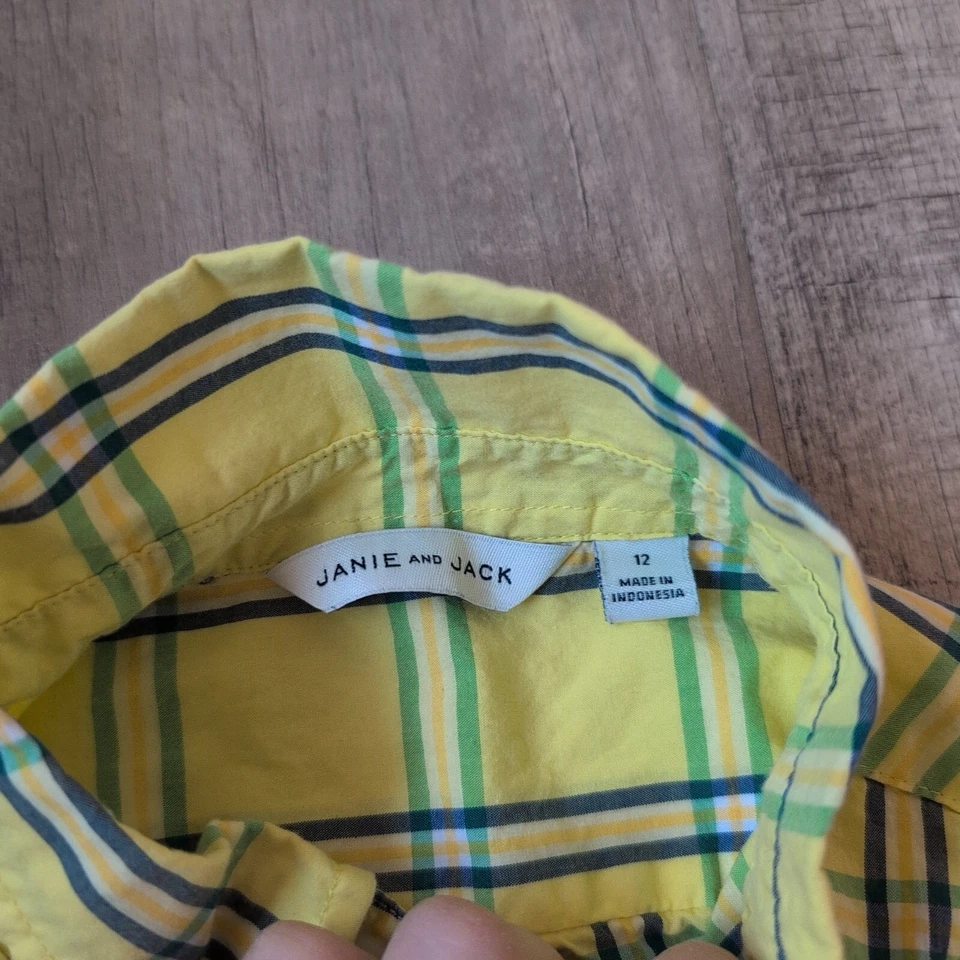 Camisa Janie And Jack Boys Abotonada 12 Amarillo Azul Cuadros Manga Larga Foto 3 de 4