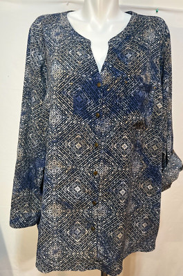 Women Top Blouse Tunic Shirt 1X 18 20 Blue Beige Button Down Catherines