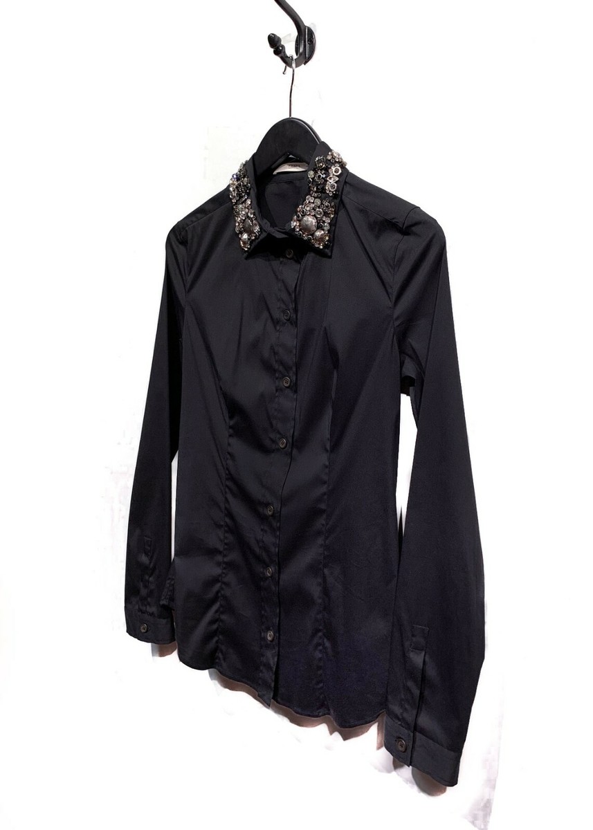 Prada Black Cotton Shirt with Crystals Embellished Collar | eBay