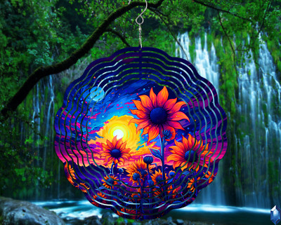Artistic Neon Sunflower Field with Sunset 10inch Wind Spinner Birthday Christmas