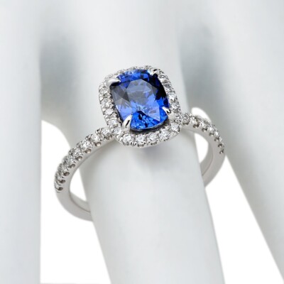 2.45 Ct Cushion Cut Real Sapphire & Diamond Wedding Ring 14K Solid White Gold