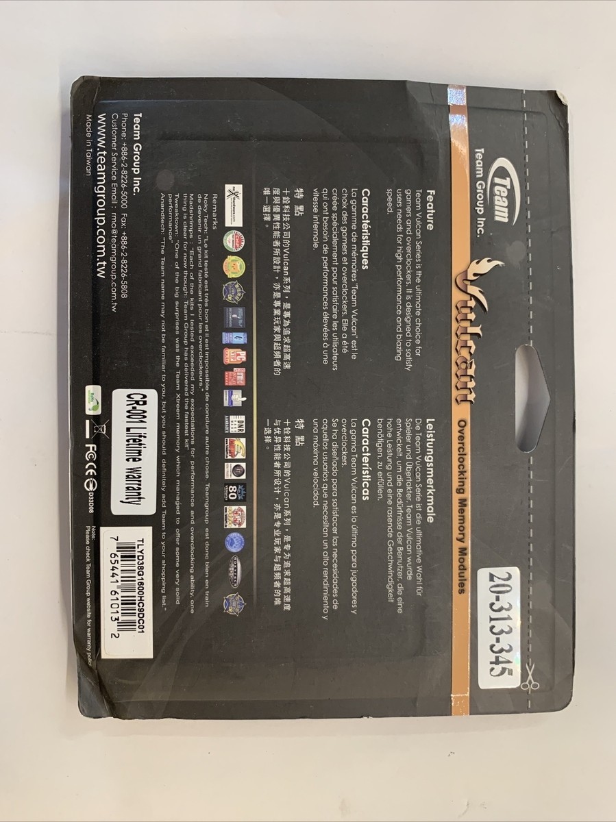 4 Barrettes RAM Vulcan 8 Go Team Group – DDR3 1600 (Total 32 Go), Modèle TLD38G1600HC10ABK