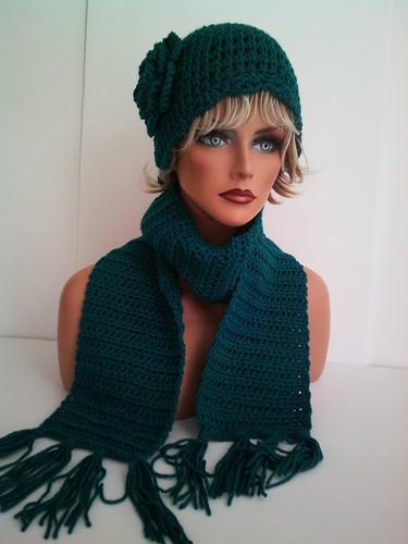 DARK TEAL HAND CROCHET FLOWER HAT AND SCARF SET BEANIE SKULL SKI CAP TAM - Picture 2 of 7