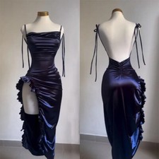 Sexy Satin Bodycon Long Dress Women Vintage Backless Strapless Ruffles Dresses