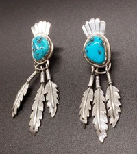 Navajo Earring Turquoise Silver Post Dangle Native American Signed Collectible