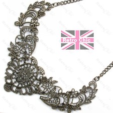 FASHION NECKLACE filigree metal lace VINTAGE BRASS antiqued dark gold collar UK